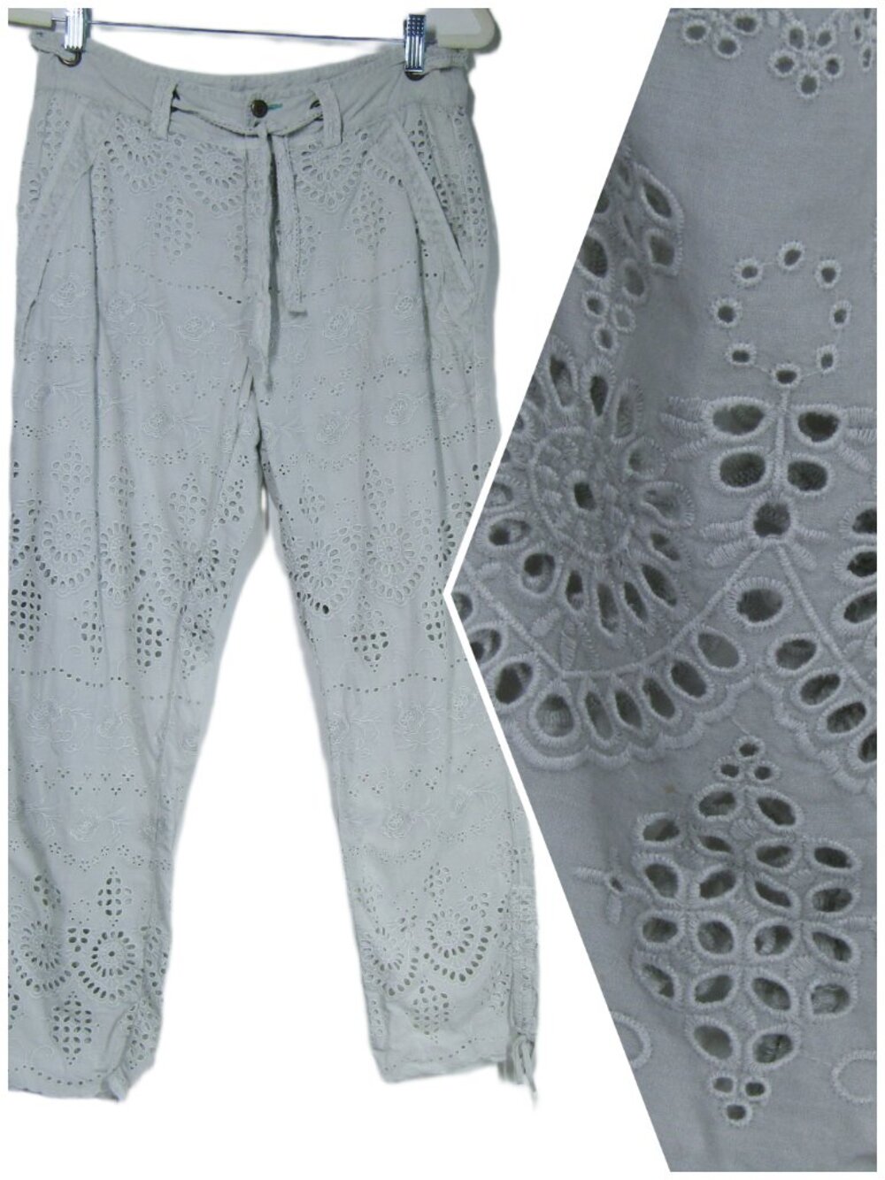 SUNDANCE Eyelet Romantic Coquette Gray Cropped Ruched Coastal Beach Boho Pants 6